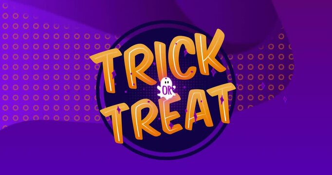 Animation of trick or treat text over shapes on purple background