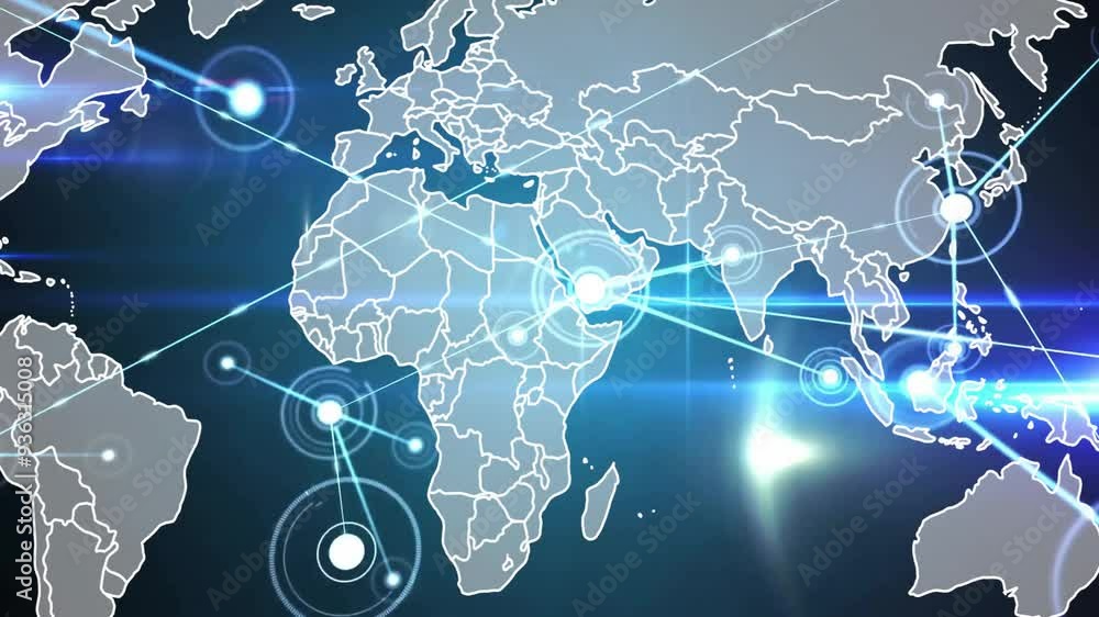 Poster world map with glowing connections and data points animation over continents