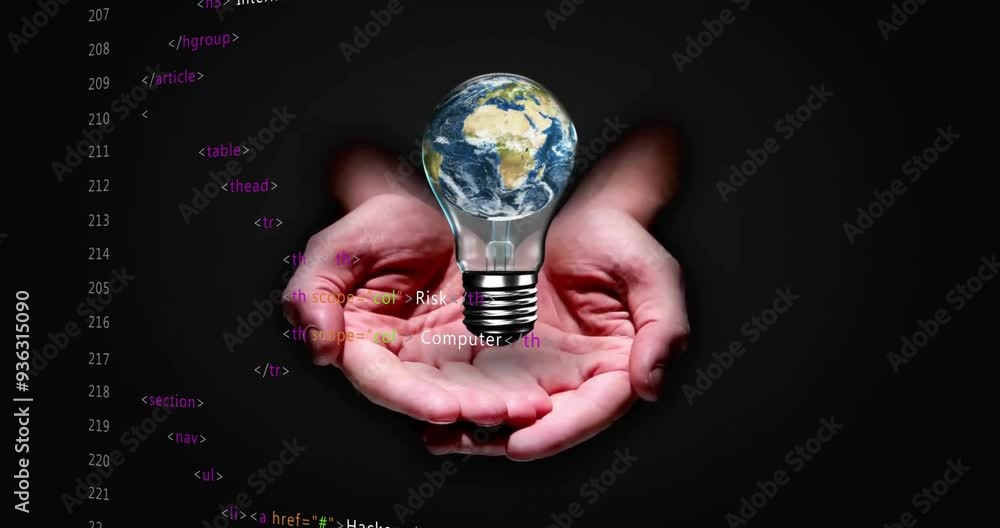 Poster holding light bulb with earth, hands over html code and spyware animation