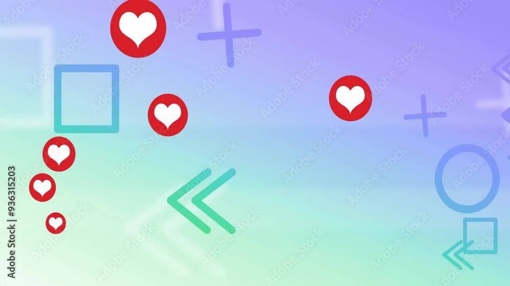 Poster animating heart icons and geometric shapes over gradient background