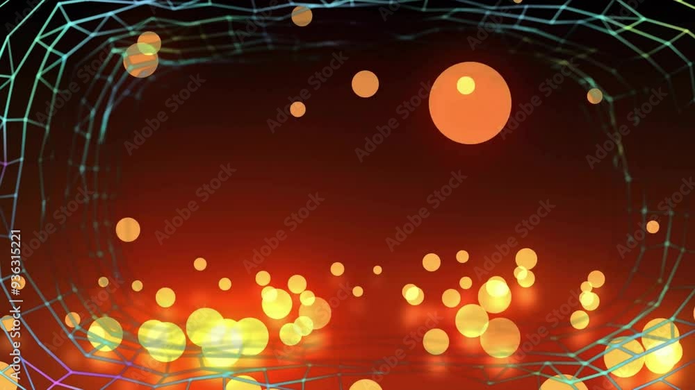 Poster animating glowing particles and geometric lines over dark background