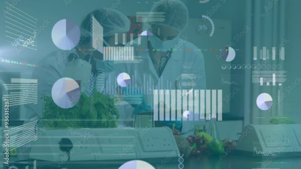 Poster analyzing samples, scientists in lab coats with data processing animation in laboratory
