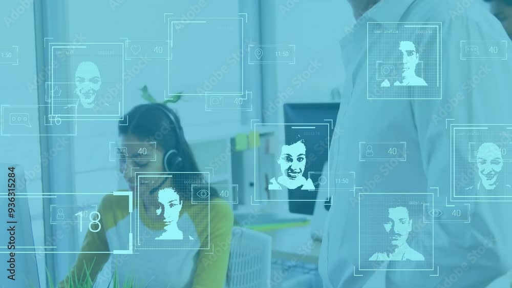 Poster using computers in office, diverse workers with facial recognition animation