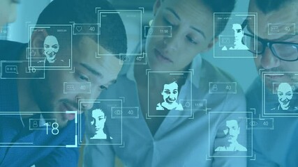 Facial recognition and data analysis animation, diverse people collaborating in office - Powered by Adobe