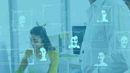 Using computers in office, diverse workers with facial recognition animation - Powered by Adobe
