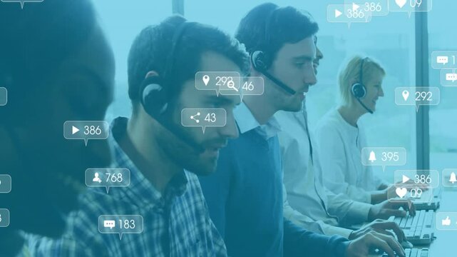 Working with social media notifications animation, customer service representatives in office