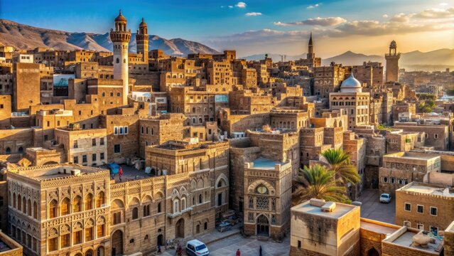 Ancient cityscape of Sana'a, Yemen, with intricately decorated mud-brick buildings, bustling streets, and vibrant marketplace scenes amidst stunning desert landscape backgrounds.