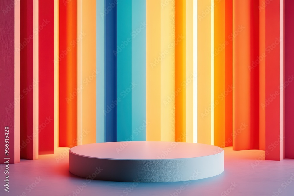 Poster vibrant backdrop with colorful vertical lines and a circular platform, perfect for showcasing produc