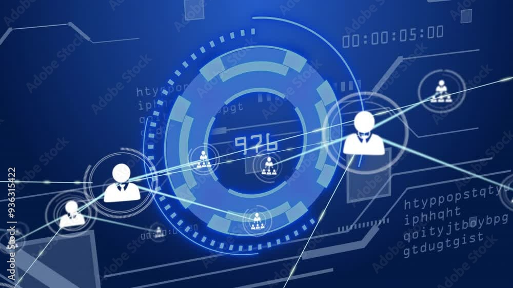 Poster animating digital network connections and data processing over blue background with icons