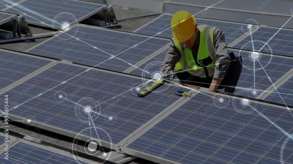 Aufkleber technician installing solar panels with network connections animation over scene