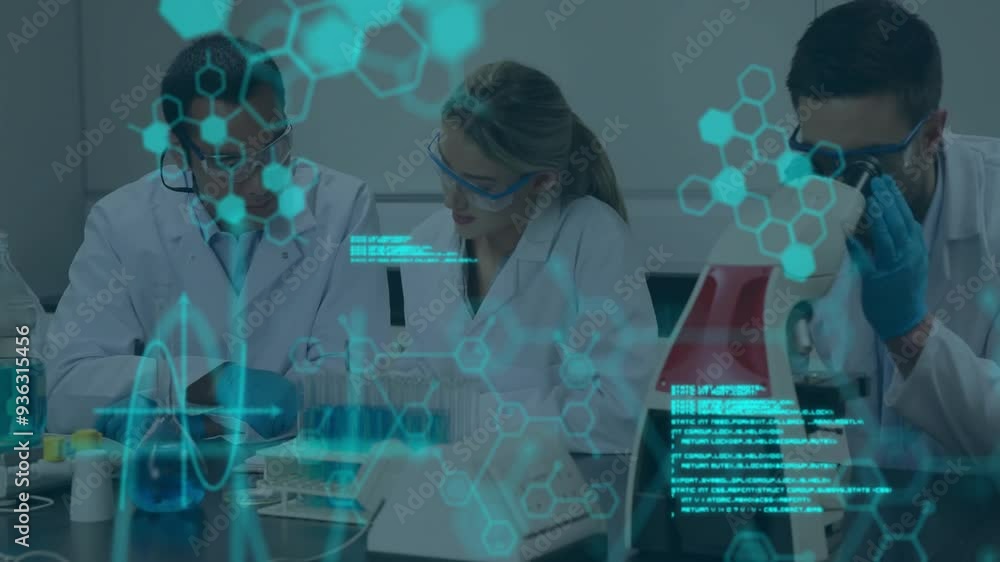 Poster scientists working in laboratory with molecular structure animation over them