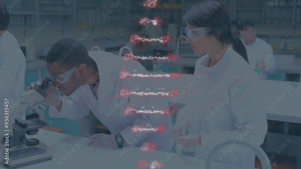 Poster animating dna strand over scientists working in laboratory