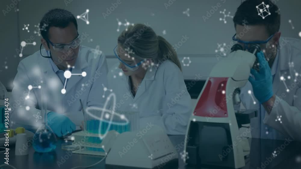 Poster working with microscopes and test tubes, molecular structures animation
