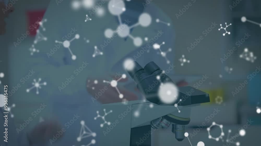 Poster molecular structure animation over scientists working with microscope in laboratory