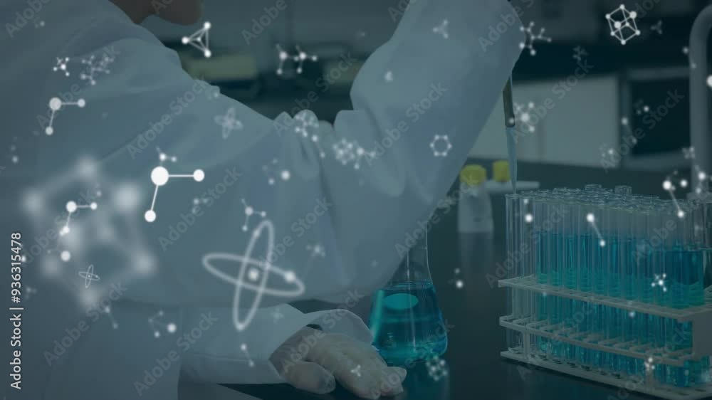 Poster working with test tubes, scientist analyzing molecular structure in laboratory scene