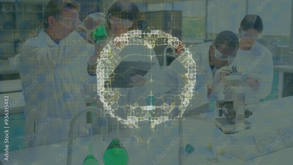 Poster conducting experiments in laboratory, scientists analyzing digital brain animation