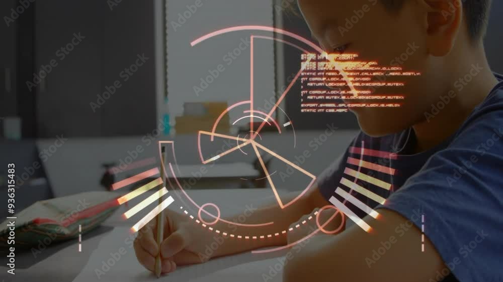 Poster writing in notebook, student with futuristic data processing animation over