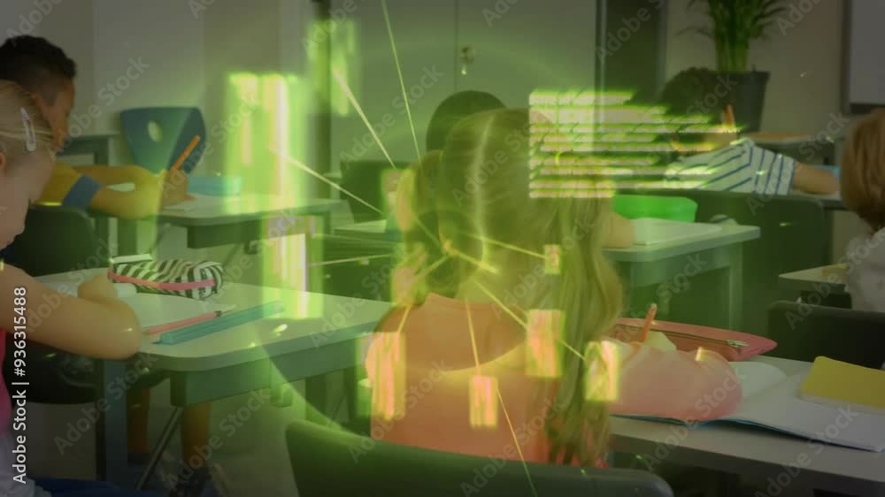Poster digital data processing animation overlaying children studying in school classroom