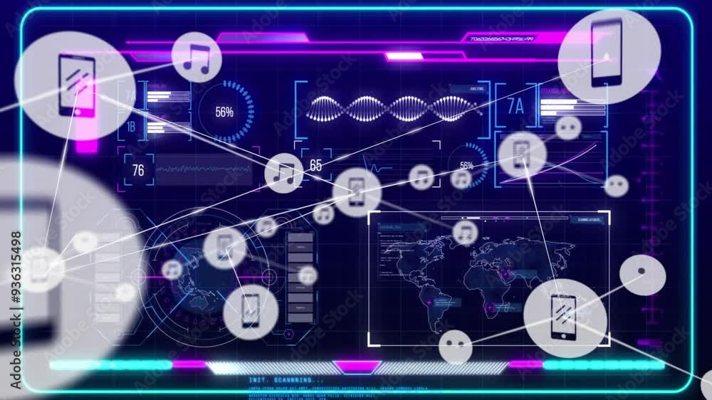 Poster music and data icons connected by lines over futuristic interface animation