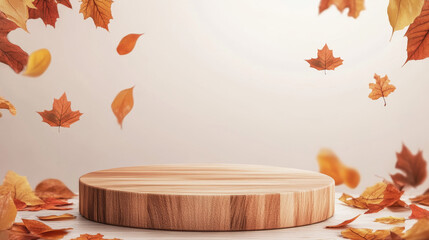 A wooden podium set against an autumn leaf shadow backdrop, ready for product promotions.