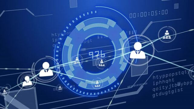 Animating digital network connections and data processing over blue background with icons - Powered by Adobe