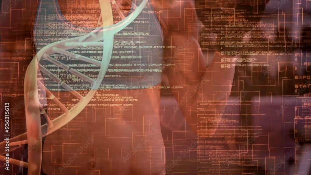 Poster dna strand and data processing animation over person exercising in gym