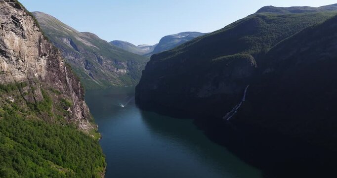 Amazing Drone Shot Above Friaren Waterfall in Geirangerfjord, Norway