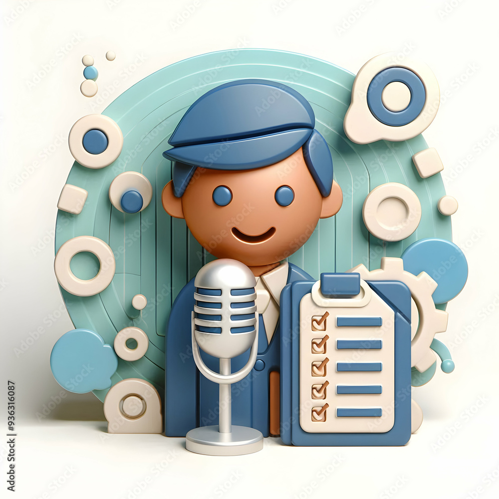 Poster 3d flat icon as moderator with microphone and agenda concept as an image of a moderator with a micro