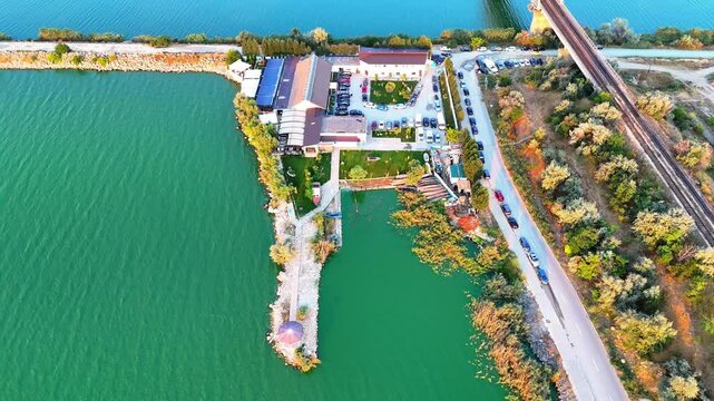 Reverse aerial view where the northern branch of Danube-Black Sea canal near Navodari