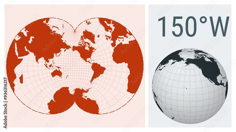 Poster world map animation. august epicycloidal conformal projection. solid color style. animated world map