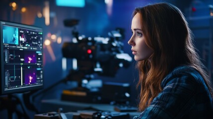 Young influencer woman using a professional streaming setup for a live broadcast at studio.
