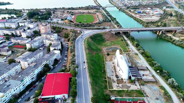Aerial view of a white structure that looks like a fish in Navodari