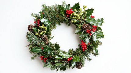 Festive Christmas Wreath with Holly, Ivy, Mistletoe, Cedar, and Red Berries on White Background with Soft Lighting