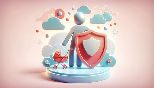 3d Flat icon as Parent with Baby Stroller and Shield concept as An image of a parent with a baby stroller and shield set against a dreamy background offering ample space for text or graphics symbolizi