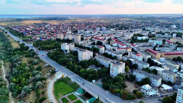 Aerial view of Navodari town near Constata at sunset