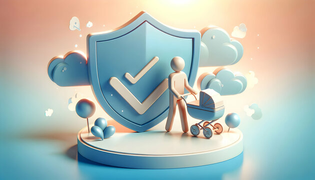 3d Flat icon as Parent with Baby Stroller and Shield concept as An image of a parent with a baby stroller and shield set against a dreamy background offering ample space for text or graphics symbolizi