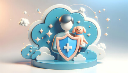 Fototapeta premium 3d Flat icon as Pet Owner with Pet and Shield concept as An image of a pet owner with a pet and shield set against a dreamy background offering ample space for text or graphics symbolizing pet protect