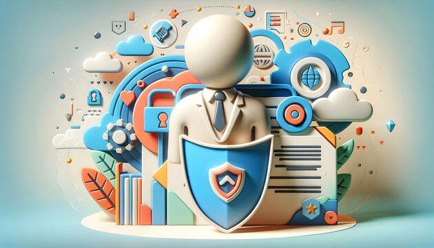 3d Flat icon as Policy Maker with Document and Shield concept as An image of a policy maker with a document and shield set against a whimsical background offering ample space for text or graphics symb