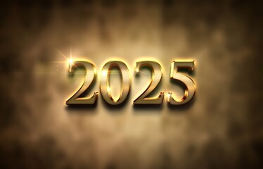 Image of the number 2025 in 3D golden text on a warm toned and blurred background. New year...