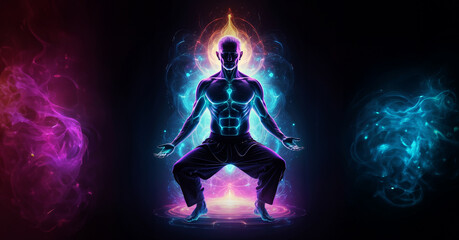 blue , red and yellow Super power like aura around the body of Yoga poses man