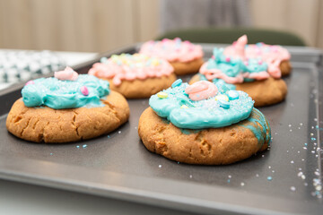 Beautifully decorated cookies with colorful frosted sugar and adorned.