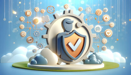 3d Flat icon as Production Supervisor with Process Diagram and Shield concept as An image of a production supervisor with a process diagram and shield set against a dreamy background offering ample sp