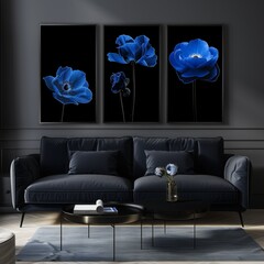 photo illustrating a series of canvases featuring stunning blue flowers a sleek black backdrop