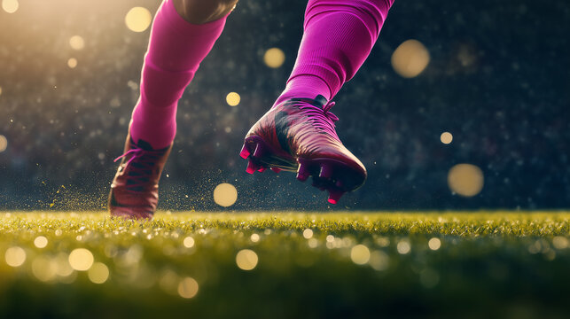 Close-up of a soccer player's legs in pink thigh-high stockings