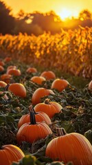 Autumn Harvest Glow - Picturesque Pumpkin Patch at Sunset with Glowing Pumpkins and Golden Corn Fields