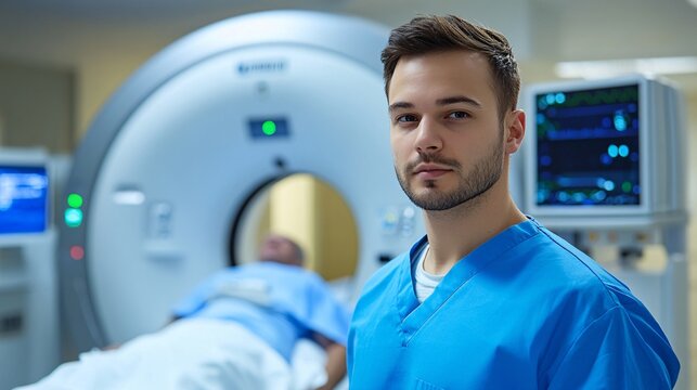 A focused nuclear medicine technologist operating imaging equipment with a patient in the background