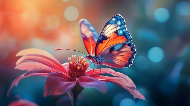 Butterfly rests elegantly atop a flower, its intricate wings bathed in an interplay of vibrant and ethereal light.