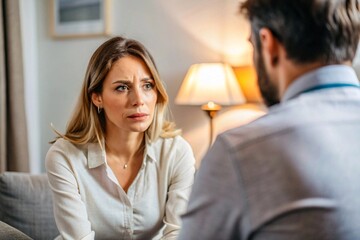A woman looks worried while listening intently to a man during a serious conversation in a cozy living room setting, highlighting relationship dynamics.