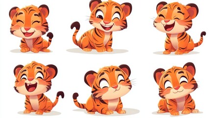 Charming tiger cub mascot with adorable expressions and vibrant orange stripes, conveying emotions from joy to boredom.