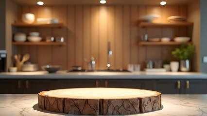 Empty marble serving board on kitchen counter, perfect for food, product placement, or culinary themes.